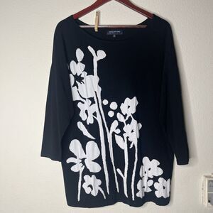 Jones of New York Black Floral Artsy Knit Boat Neck 3/4 Sleeve Top Blouse SZ 1X